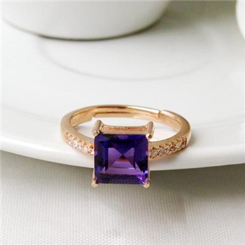 情人节礼物 S925银紫水晶戒指 戒子女 开口戒指 方形紫晶